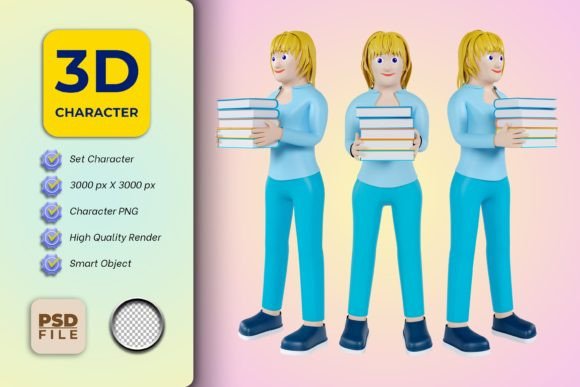 3D Female Cartoon Character Holding Book: A Versatile Design for Creative Projects